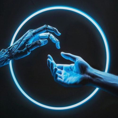 robot's hand and human hands